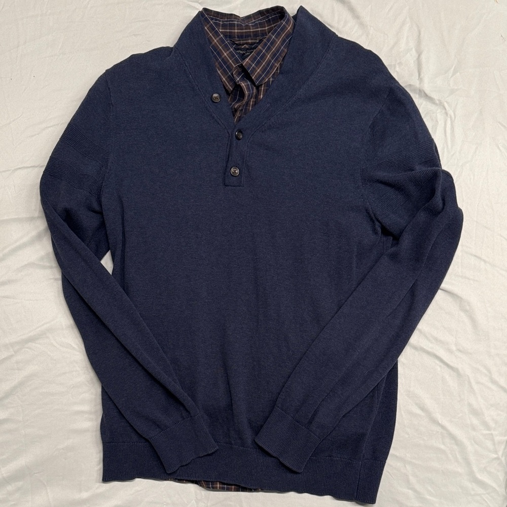 Banana Republic Men's Deep Blue V-Neck Sweater with Matching Plaid Button Up
